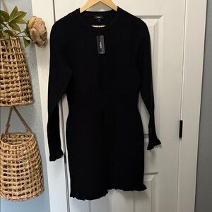 Black Ribbed Long-Sleeve Knit Dress - express